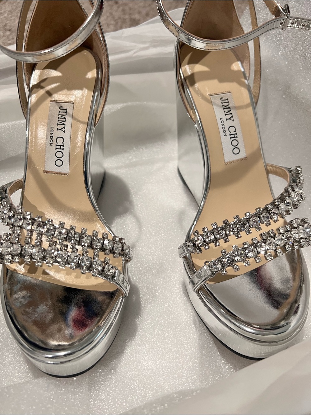 Jimmy Choo Silver Crystal-Strap Platform Sandals